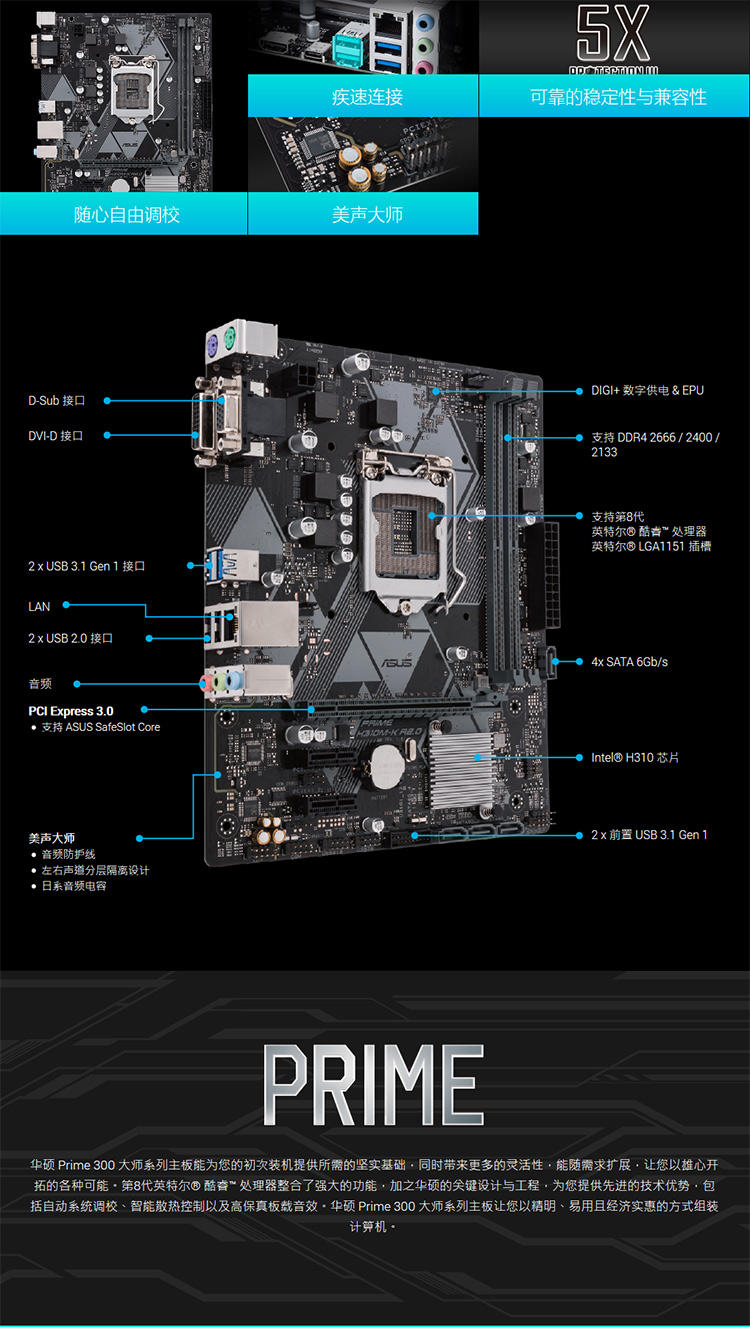 华硕(asus)prime h310m-k r2.0(intel h310/lga 1151)